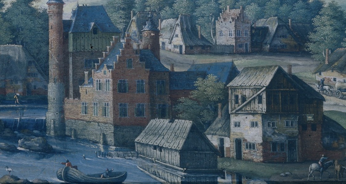 Red roofs and a stone bridge show a busy town.