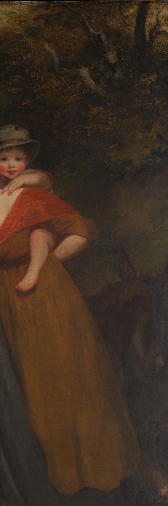 The massive shadowed trunk forms a repoussoir framing device, pushing the figures forward and grounding the composition; it also signals the fashionable Gainsborough-inspired woodland backdrop.