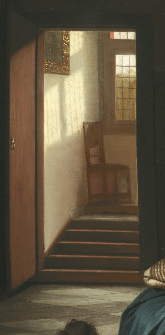 Sunlight pours in, showing a distant stair.