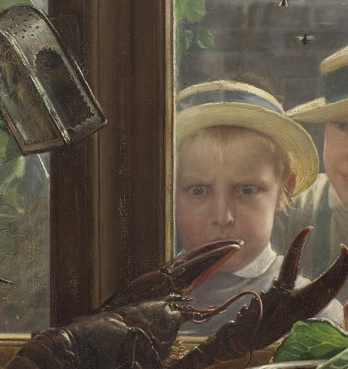 His gaze falls on the centerpiece: a massive lobster.