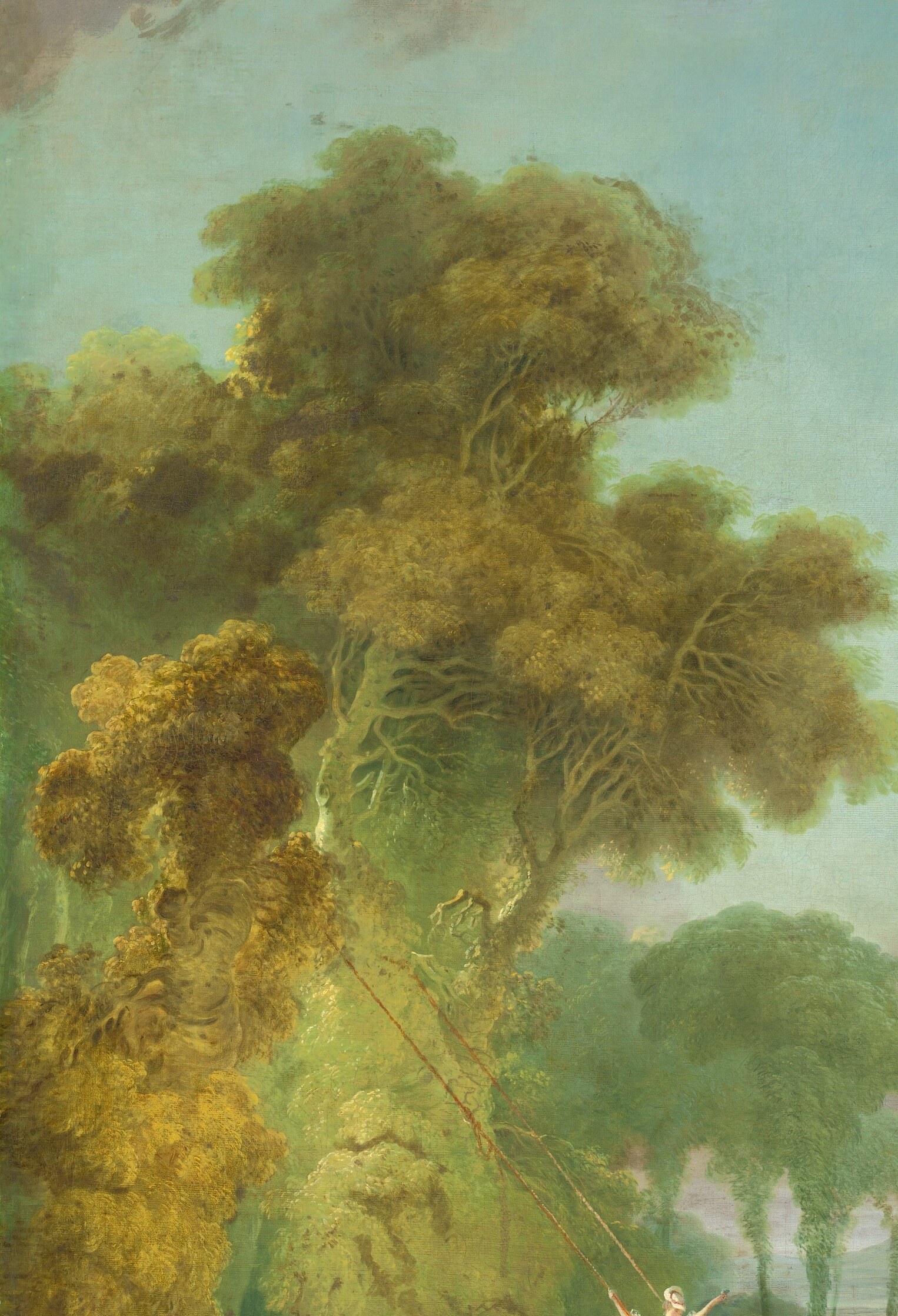 The vibrant, almost overwhelming greenery creates an intimate, secluded atmosphere for the scene.