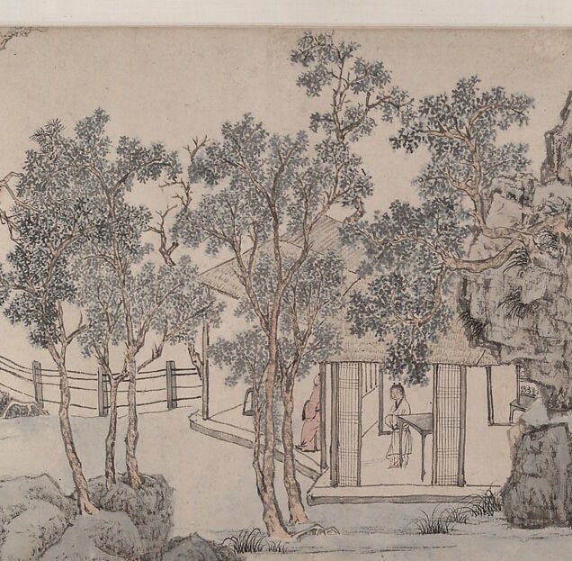 The painting's titular subject , the massed cassia trees are rendered with Wen Zhengming's signature calligraphic brushwork, each cluster of foliage built from meticulous ink dots; their density and height frame the entire composition