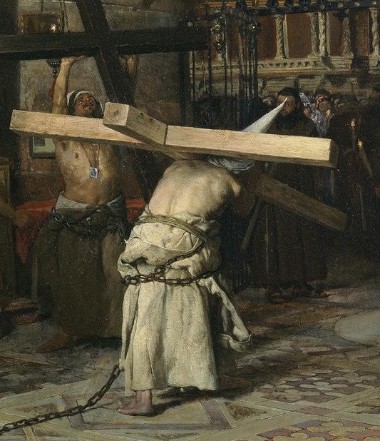 The central figure's strained posture and the heavy burden of the cross convey immense suffering and devotion.