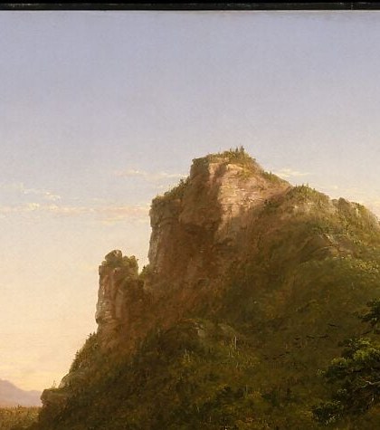 The painting's dominant vertical anchor; its warm terra-cotta against cool distance creates the classic Hudson River School push-pull of near-and-far.