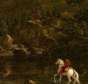 A white horse, a lone figure. Resting in a mountain ford.