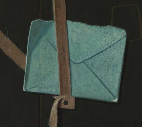The frayed ribbon and open flap create a sense of unfinished business or a message waiting to be delivered.