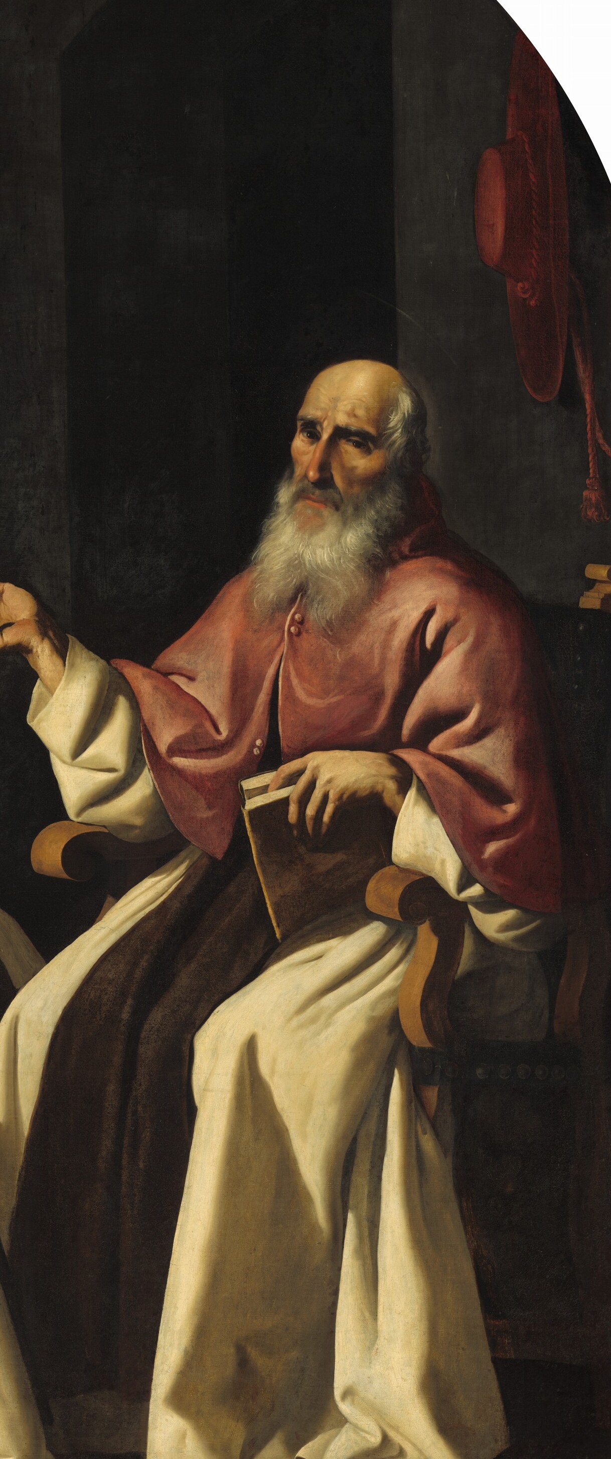 The red anchors the right half and signals Jerome's ecclesiastical rank; its flowing folds are Zurbarán's deliberate counterpoint to the women's light-eating black, making the same canvas demonstrate two opposite fabric-painting techniques.