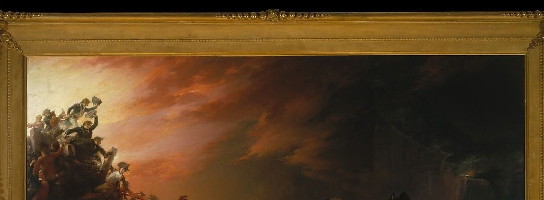 Trumbull uses a glowing atmospheric backdrop , burning embers or cannon smoke , to frame the human drama below in heroic, almost theatrical light.