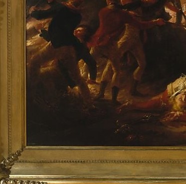 The narrative heart of the painting , the enemy officer abandoned by his own troops, receiving British military respect as he dies; his light clothing against dark ground draws the eye immediately.