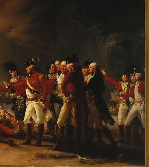 The officers' red coats are painted against the hottest part of the fire.