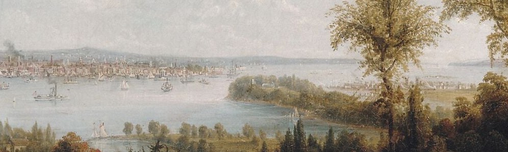The luminous middle-ground water acts as a mirror for the sky and anchors the panoramic scale; subtle sailing vessels dot the surface, conveying the commercial life of the port.