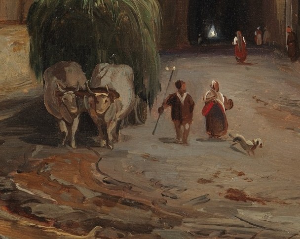 A cart, some cattle, a few travelers.