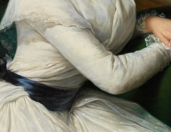 One hand appears gloveless, the other in a partial white glove , a studied asymmetry that draws the eye and shows Vigée Le Brun's mastery of the difficult subject of painted hands