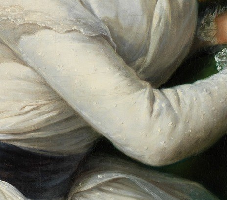 A deliberate prop: holding a book coded the sitter as cultivated and literate, a mark of Enlightenment ideals , its red spine is the only warm accent in the composition