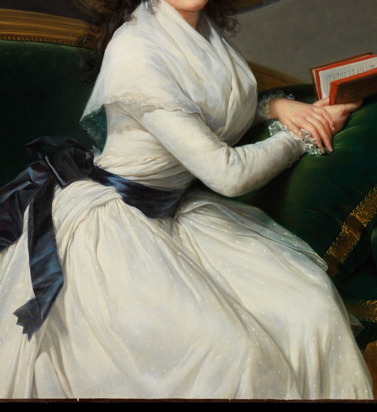 The billowing white skirt occupies nearly a third of the canvas; Vigée Le Brun's ability to render silk sheen and lace simultaneously in a single light source is the technical tour de force of the painting