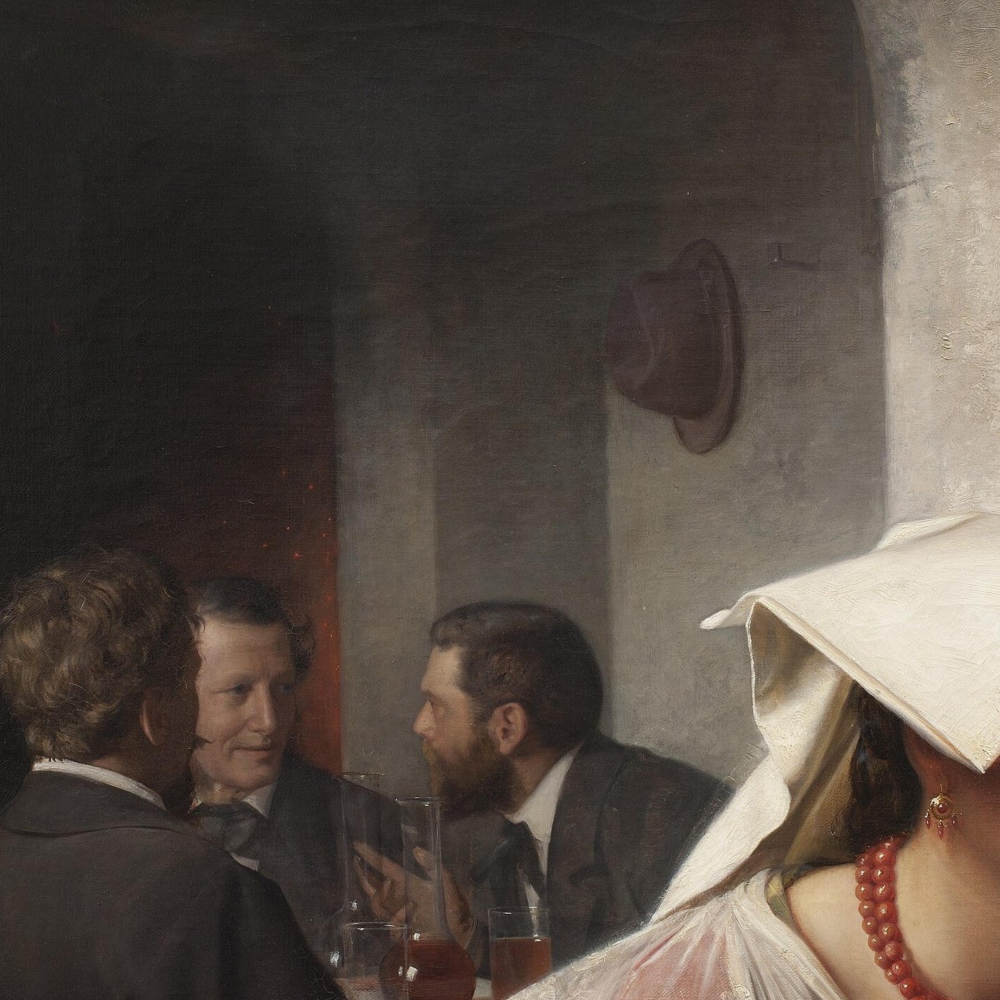 Dominant left figure; her direct gaze and parted lips suggest she is mid-speech, making her the scene's social engine