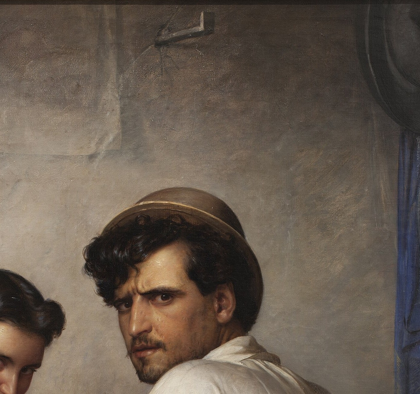 His attentive lean and direct look at the center woman imply flirtation or argument , the triangle of gazes is the painting's real subject