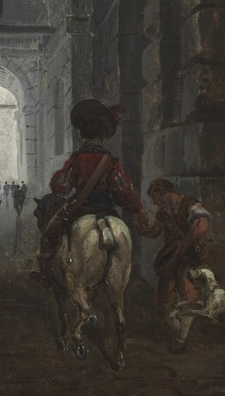 His posture and attire suggest a figure of importance, possibly leading the group or on a journey.