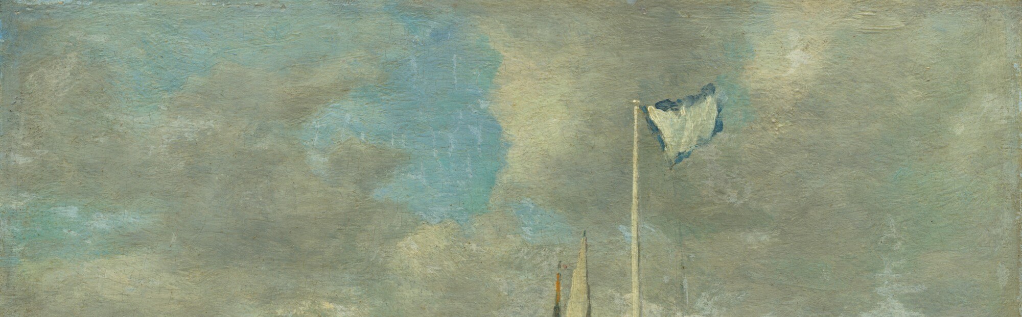 The dominant element of the panel and Boudin's signature achievement , churning grey-and-white cumulus painted en plein air on wood, the atmospheric mastery that made Monet name him his teacher and that directly prefigured Impressionism