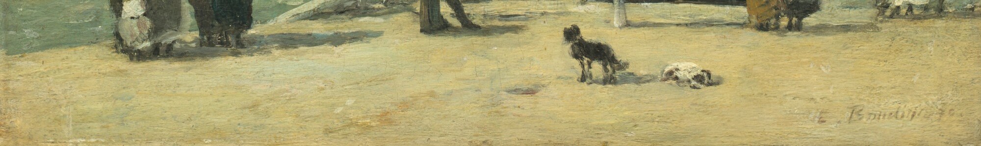 Painted with spare, confident strokes on the bare wood support , a virtuoso passage of economy where the panel grain becomes part of the texture, typical of Boudin's plein-air sketch method
