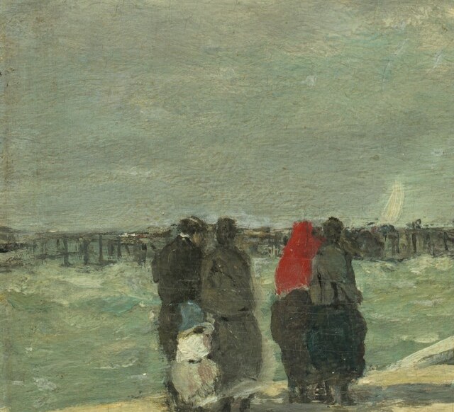 The densest social gathering in the scene , women in full crinolines and men in dark coats embody the new leisure class Boudin made his signature subject; postures suggest conversation rather than any individual face