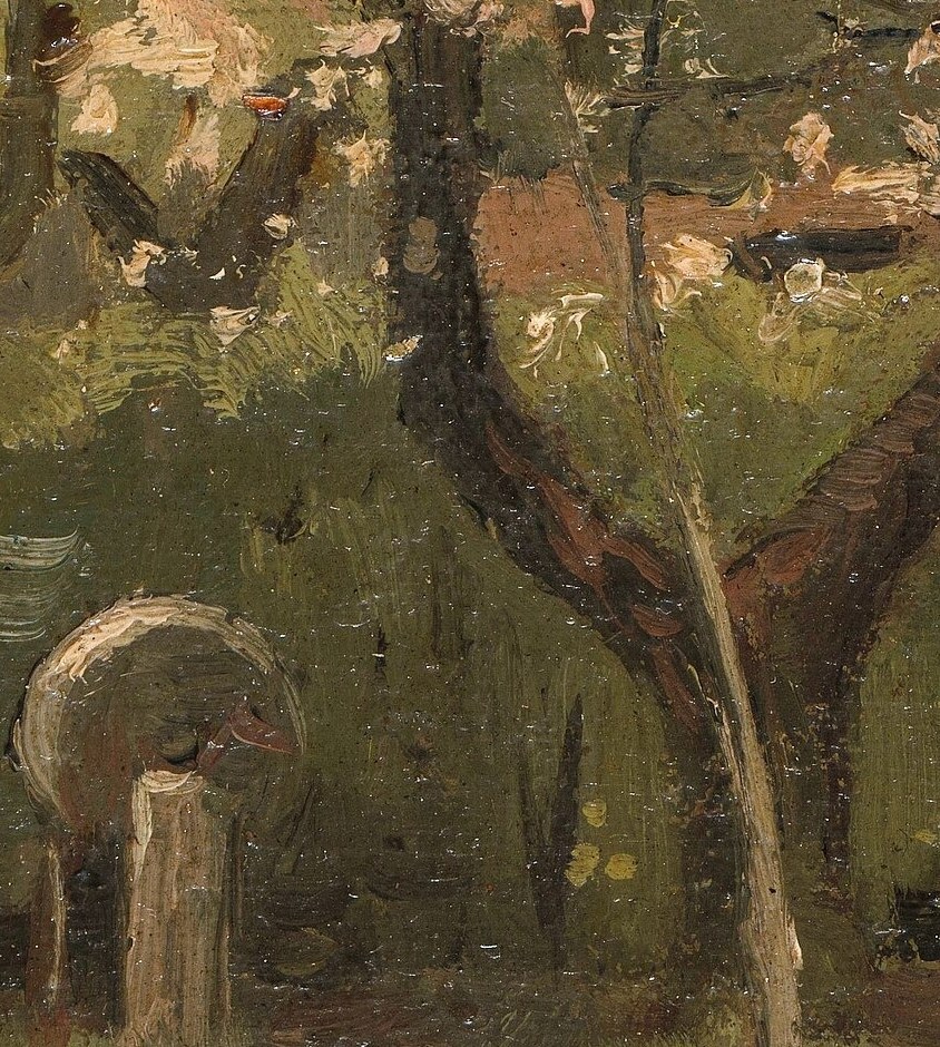 A small figure stands, tending to the trees.