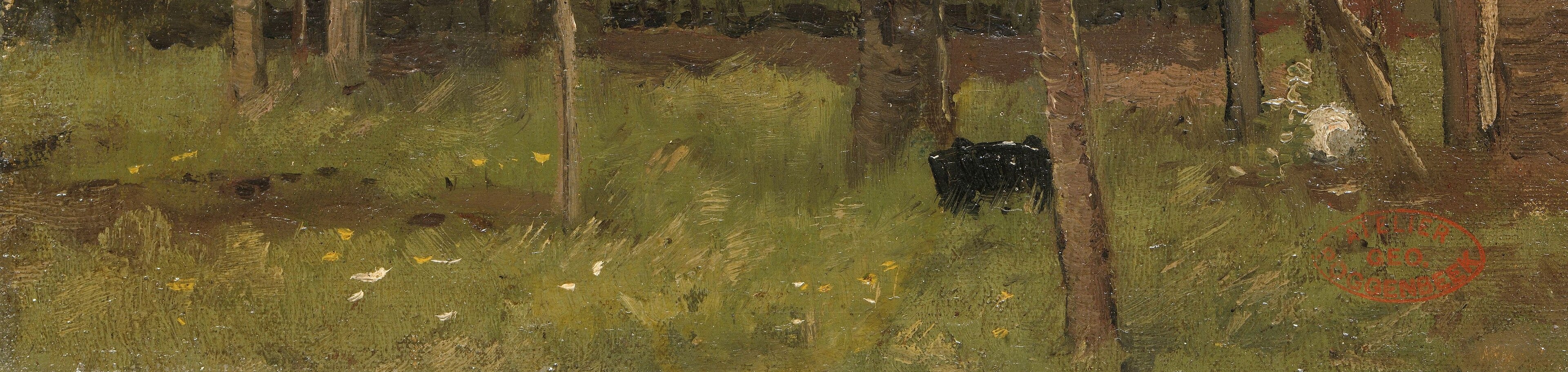 Loose strokes of olive, yellow-green, and shadow alternate to suggest dappled spring light filtering through the canopy , Poggenbeek's ground plane holds the composition's weight.