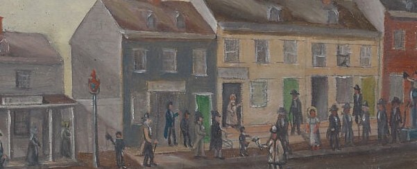 The narrative heart of the painting , working men bent over their laundry in suspenders, trading heroism for the mundane dignity of a washing day.