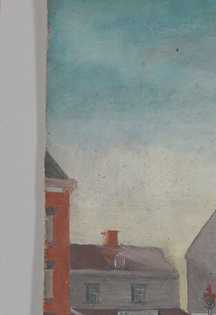 The dominant vertical anchor of the composition; its warm red mass pulls the eye and likely identifies the firehouse itself, giving the scene its institutional context.