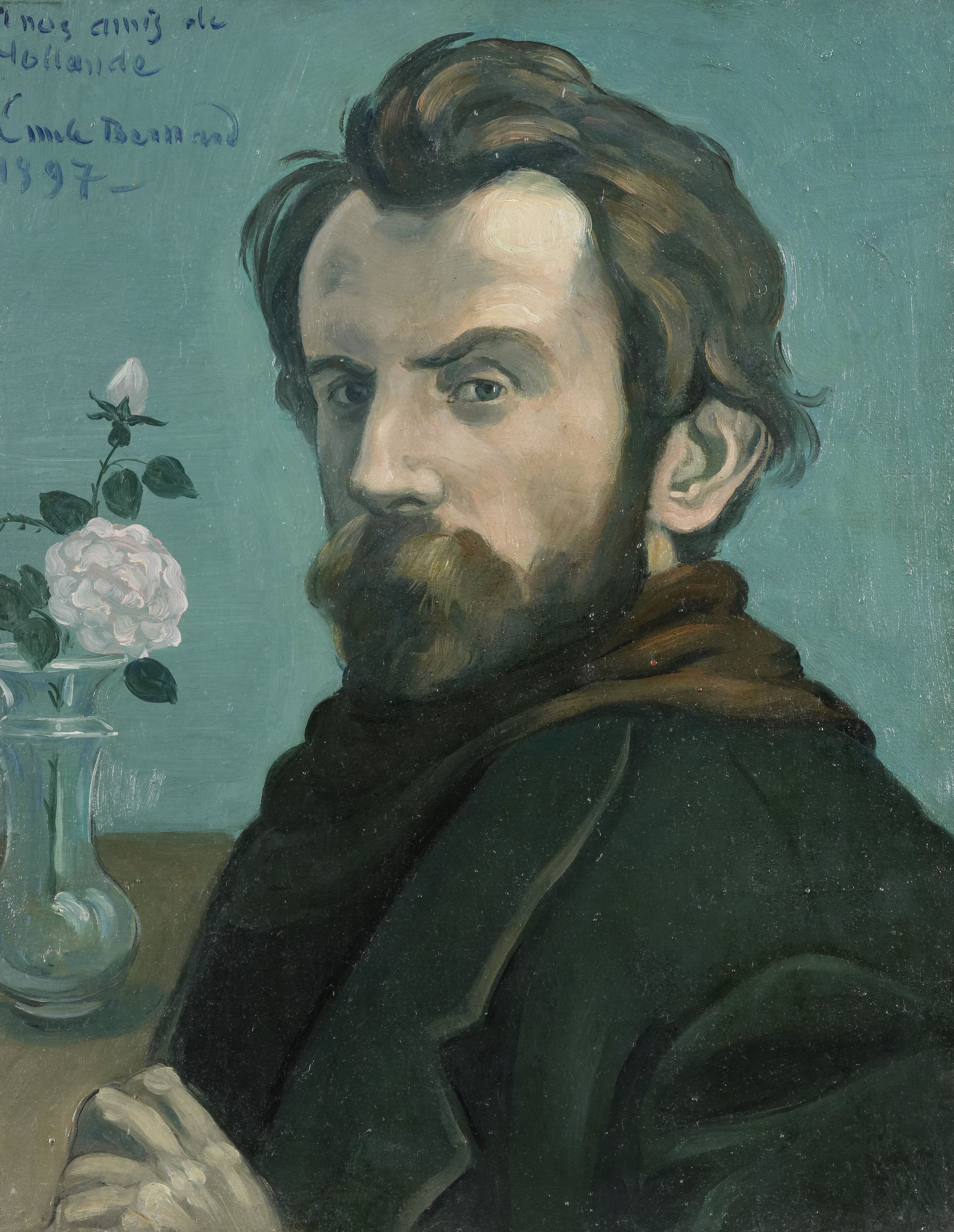 The flat, unadorned background emphasizes the artist's face and the objects in the foreground.