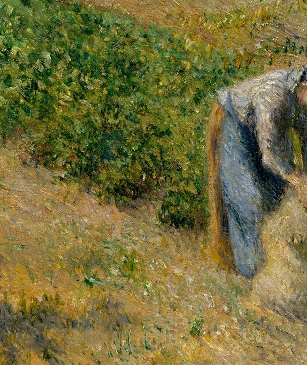The central gesture of labor , her bent posture and blue kerchief are the painting's emotional anchor, embodying the physical toll of agricultural work.