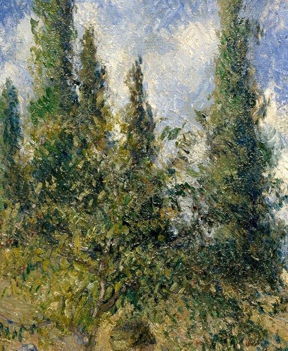 Pissarro's vertical accents that divide the sky; their dark column against luminous blue clouds is a hallmark structural device.