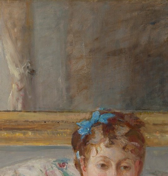 The sister's gaze is slightly inward and disengaged from the reading mother beside her , a mood of private reverie that makes her the emotional anchor of the composition.