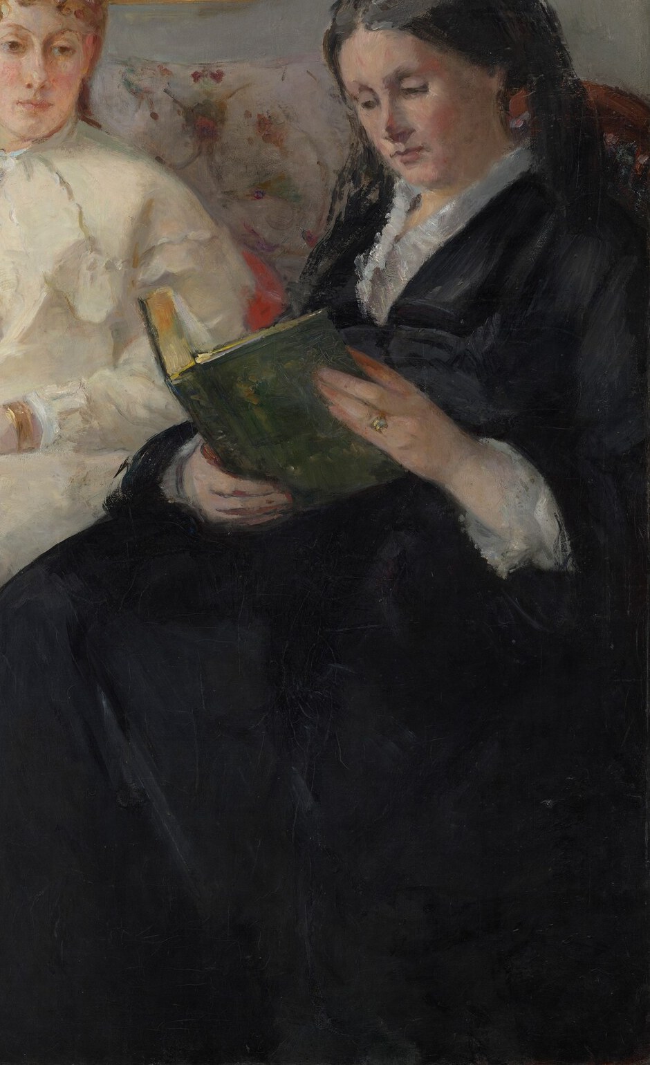 The mass of black creates a stark tonal opposition to the white dress , Morisot uses color alone to separate the two generations and their temperaments.