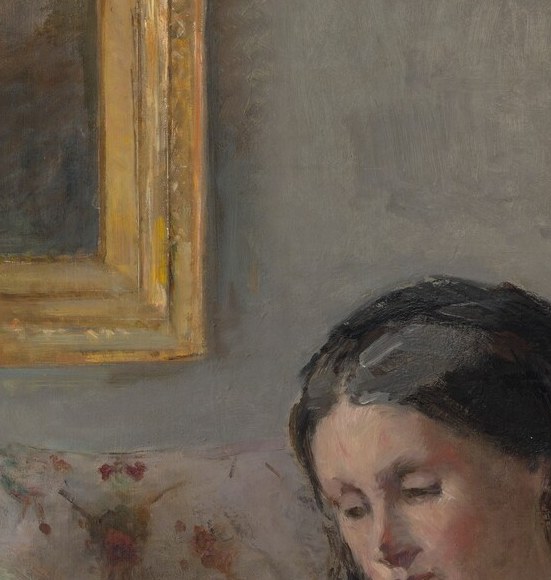 Total absorption in the text contrasts with Edma's idleness; the two women share the frame but occupy completely different mental spaces.