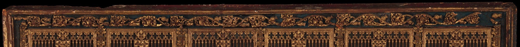 Six pointed Gothic trefoil arches with crockets and pinnacles in gilt , the architectural program mirrors the theological structure of the apostolic college and shows the workshop's craft