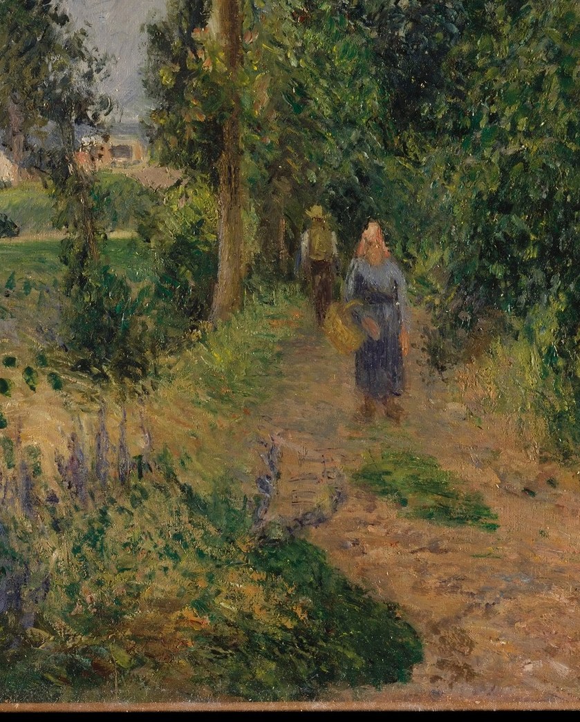 The dirt path curves upward, cut by cartwheels, a working road, worn by use.