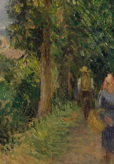A woman in a long blue dress walks uphill, a dark basket in her arms.