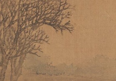 Two tiny figures stand at the shoreline.