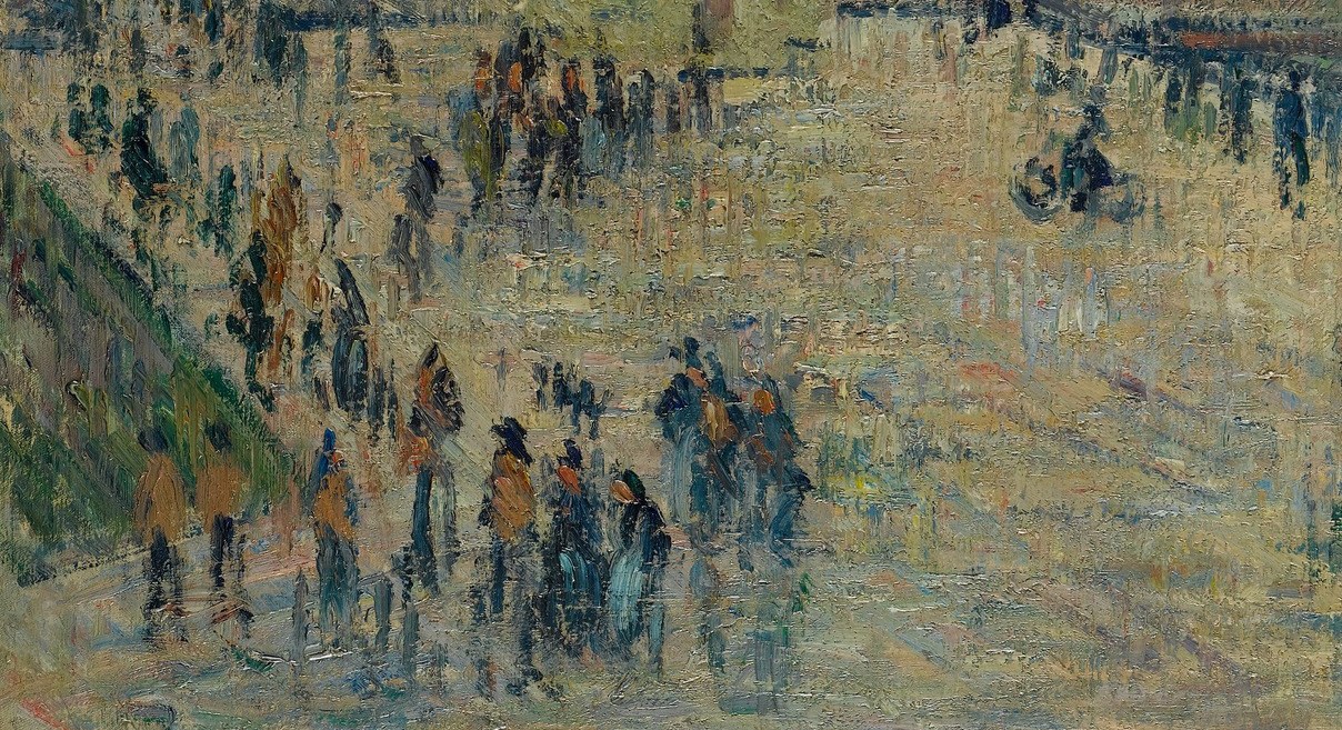 Townspeople walk the Grand Quai, going about their day.