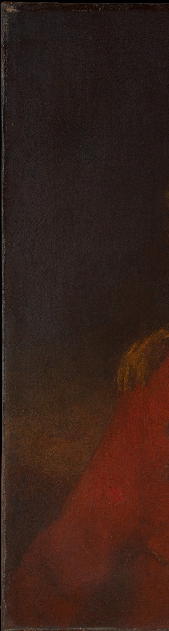 The near-black ground, typical of Hoppner, conceals subtle warm brown glazes and a faint suggestion of drapery at the left margin , easy to miss at first look.