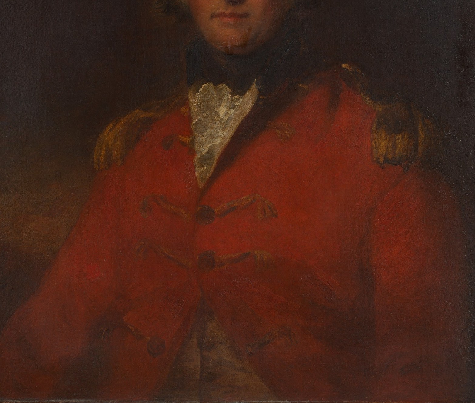 Scarlet coat, gold epaulettes, powdered hair.