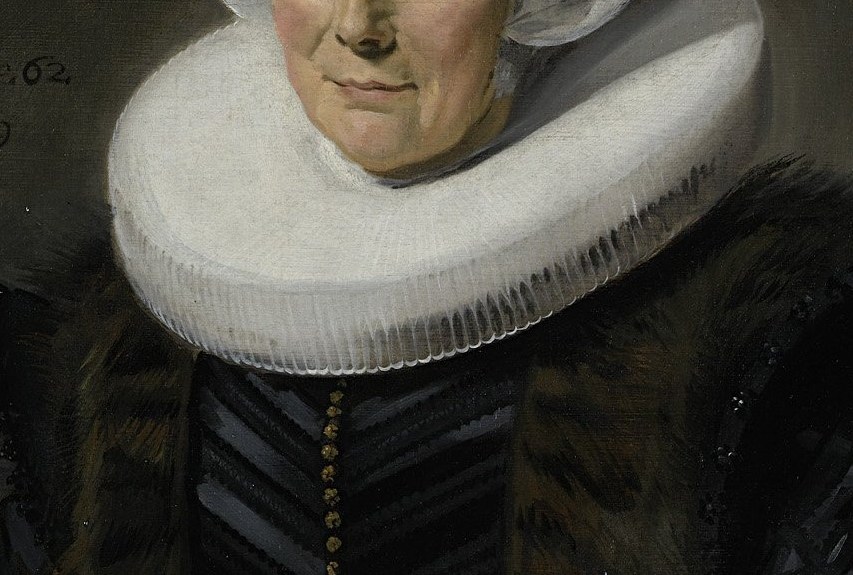 The voluminous, intricately pleated collar signifies wealth and status, a hallmark of Dutch Golden Age fashion.