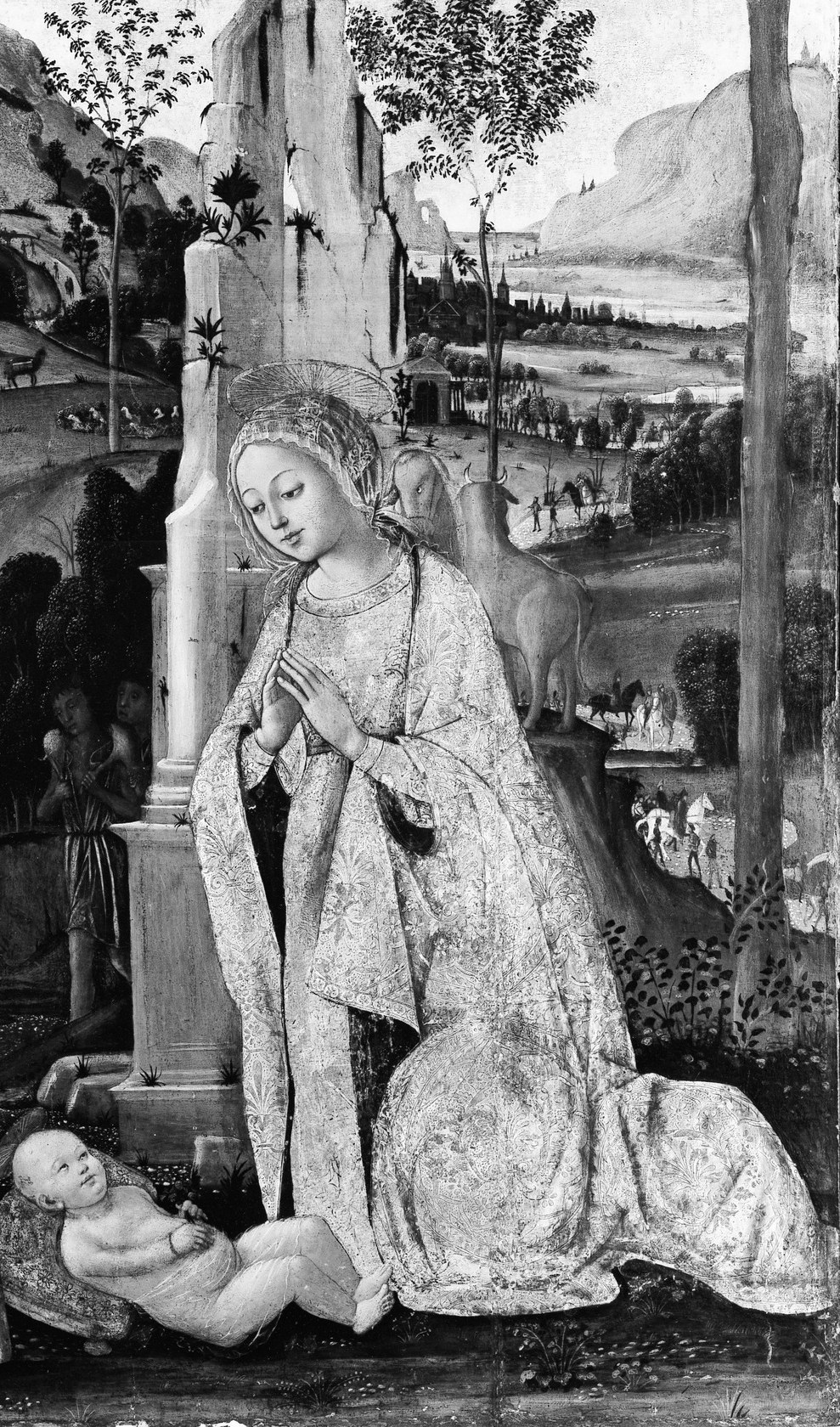 The voluminous drapery fills nearly half the panel; its cascading folds demonstrate the painter's command of cloth and create a sheltering form around the infant below.