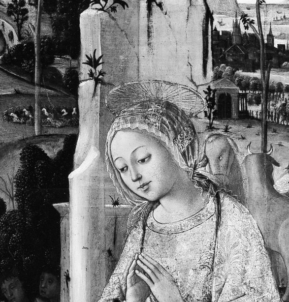 Not Mary, whose hands hover in prayer.