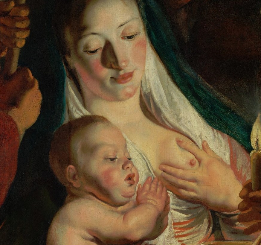 The gradient from deep brown-black to warm gold is the painting's technical showpiece , Jordaens demonstrating nocturne candlelight mastery.
