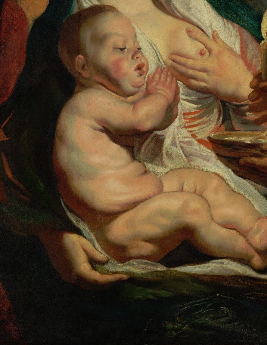 The fully nude infant is the theological center; his softly lit body draws every sightline in the picture inward.