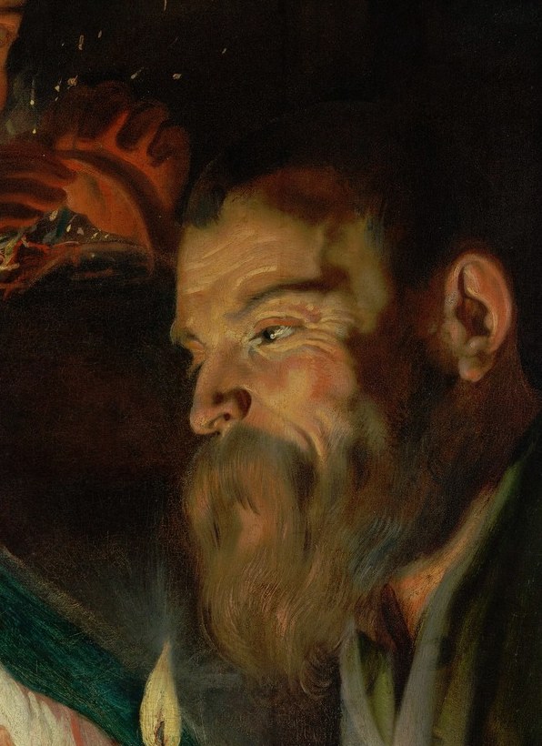 White beard and furrowed brow suggest age and gravity; his careful pose protects the flame as though guarding a sacred thing.