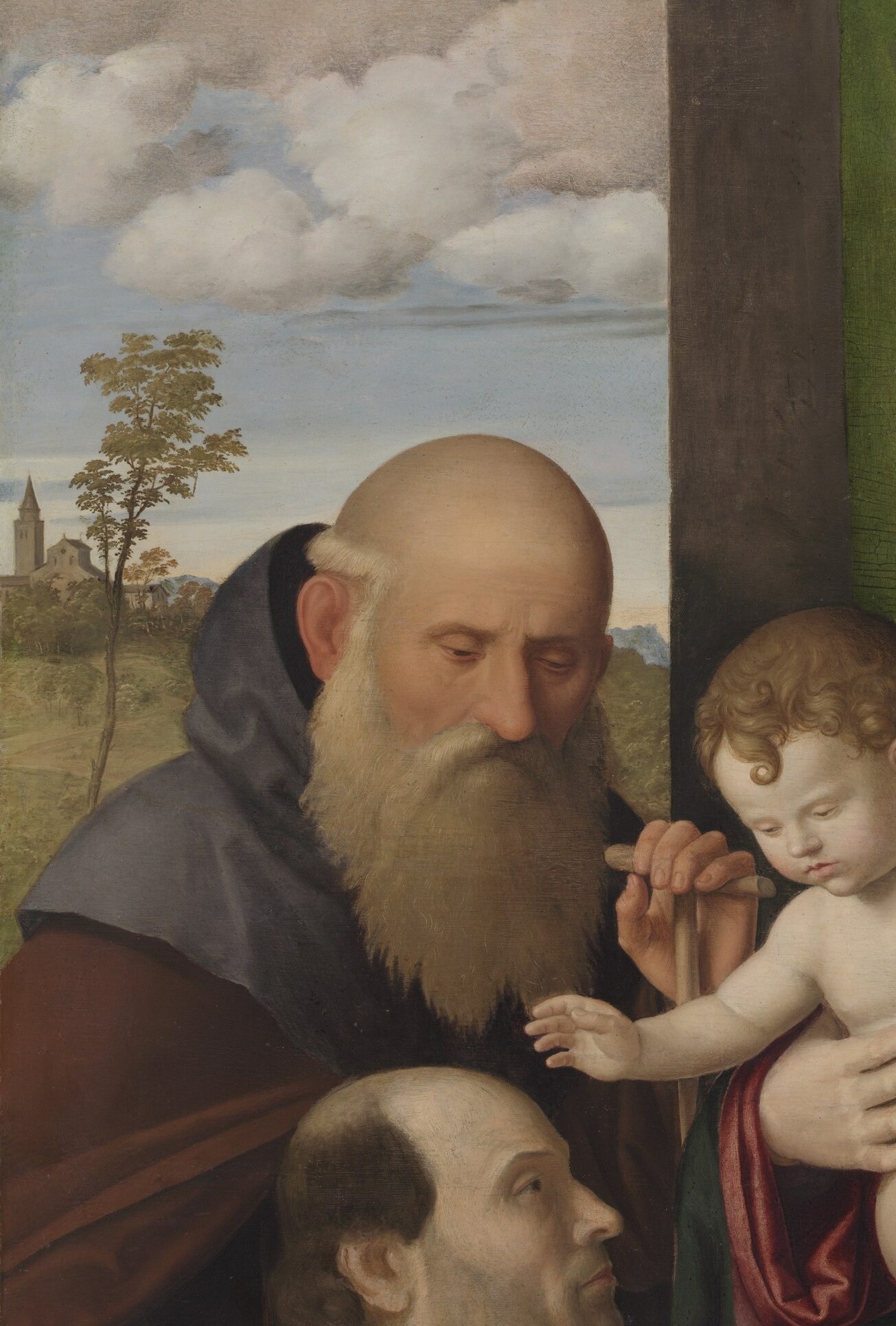 Likely Jerome or an apostle; his dark robe, age lines, and proximity to the male donor suggest he is the patron's intercessor.