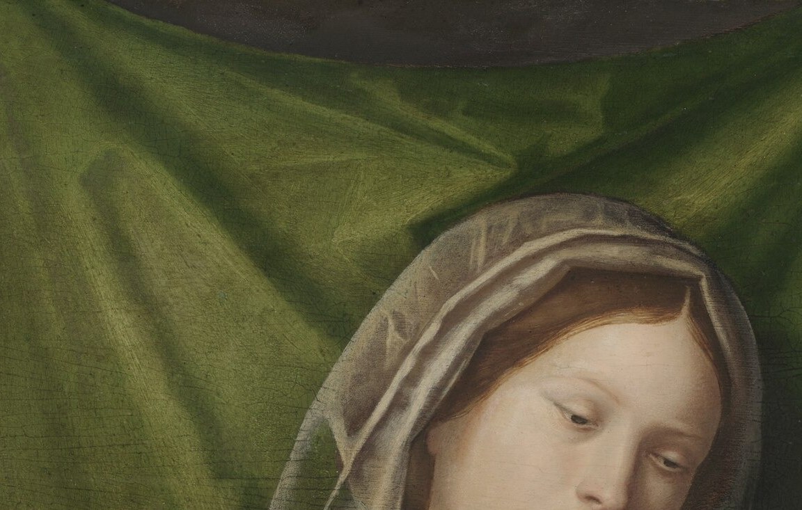 Serene, slightly downward-tilted gaze projects composed maternal tenderness; the principal emotional anchor of the composition.